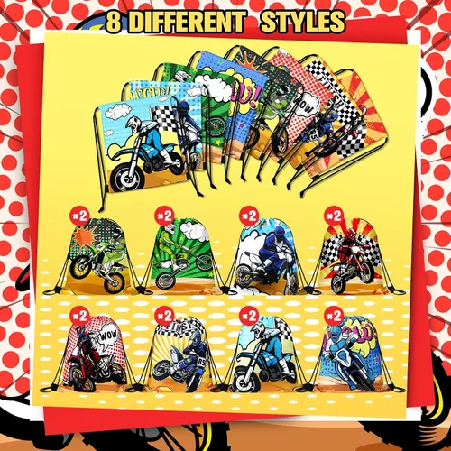 Vista 3 de Boao Paquete de 16 bolsas de regalos de motocross con cordón para fiestas temáticas de carreras, bolsas de regalos para fiestas de cumpleaños