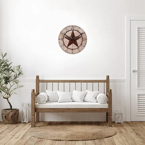 Vista 7 de Reloj de pared redondo de estilo rústico con estrella de Texas occidental, reloj de madera, silencioso sin tictac, funciona con pilas, con números