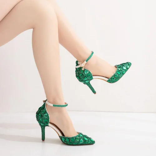 Vista 6 de Sandalias de diamantes de imitación azules reales Tacones altos finos Sandalias puntiagudas Tacones de cristal azul Zapatos de tacón alto de moda
