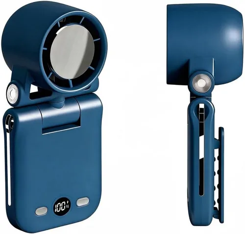 Vista 8 de Mini ventilador de mano portátil recargable con clip de mano personal con pantalla LED, funciona con batería de bolsillo, ventilador pequeño Azul