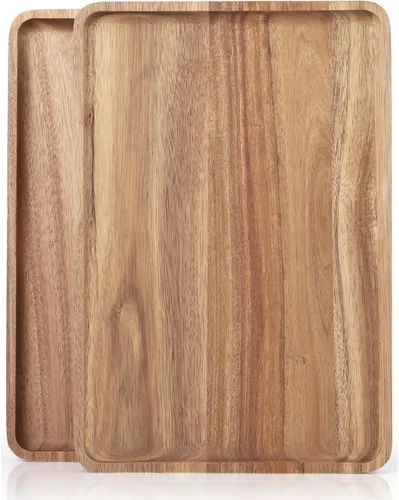 Vista 8 de 2 piezas de bandejas de madera de acacia maciza de 13 x 9 pulgadas, fuentes rectangulares de madera natural para bar, café, fiesta