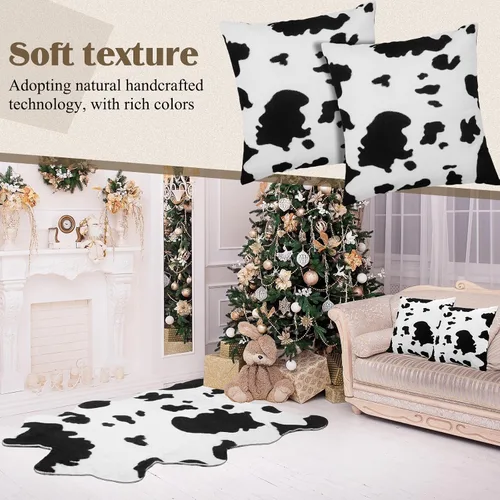 Vista 6 de Amylove Alfombra de piel de vaca y 2 fundas de almohada de vaca, duraderas y de gran tamaño, con estampado de piel de vaca, almohadas para sala