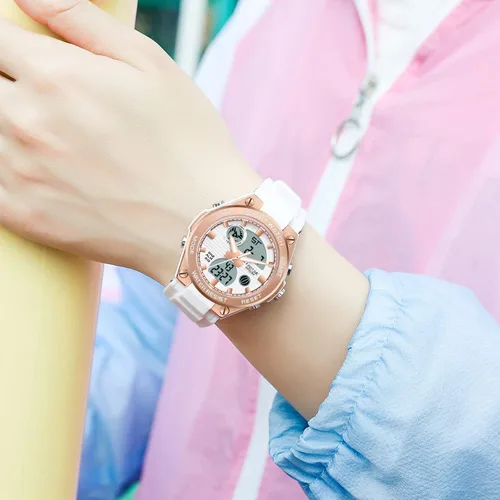 Vista 3 de findtime Relojes de pulsera para mujer, digital, 5 bares, impermeables, con retroiluminación LED, correa colorida, alarma analógica