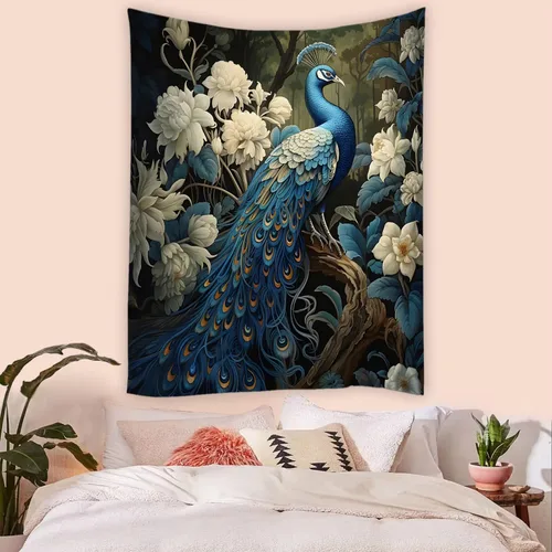 Vista 3 de JONSEQIN Tapiz de pavo real asiático elegante pájaro vintage rústico flores de granja animales plantas naturaleza flores silvestres colcha de picnic