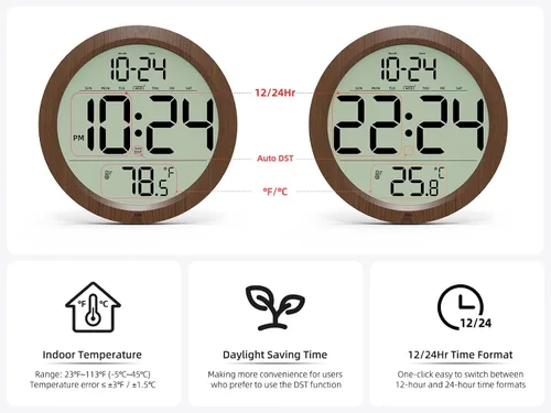 Vista 5 de Reloj de pared digital con fecha, temperatura interior, DST automático, reloj digital a batería, reloj de pared pequeño de madera decorativo de 8