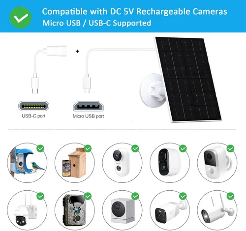 Vista 4 de Panel solar de 4 W para cámara de seguridad, cargador solar USB-C/micro USB para cámaras de batería recargable, IP66 impermeable, montaje ajustable