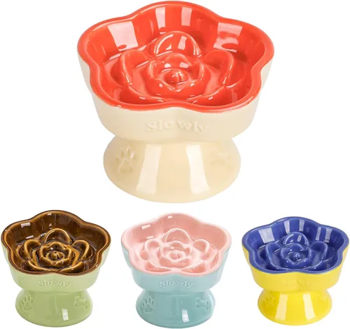 Vista 8 de S&Q's CERAMICS Cuenco elevado de alimentación lenta para gatos, cuenco elevado de cerámica para comida para mascotas para perros pequeños, comedero
