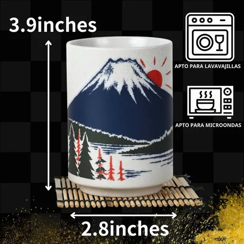 Vista 5 de Tazas de té japonesas Sushi-Yunomi Mino Ware con posavasos de bambú (juego de 2) (Mt. Fuji)