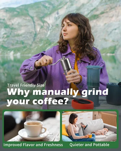 Vista 13 de Molinillo de café manual de acero inoxidable para goteo, prensa francesa, 5 ajustes ajustables, molinillo de café de mano, para uso doméstico