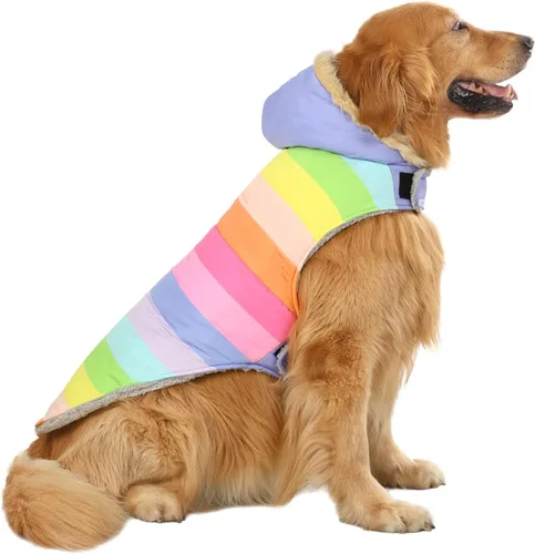 Vista 12 de HDE Chaqueta acolchada para perro, con forro polar, abrigo de invierno cálido para perro con agujero para arnés a rayas rosas, talla S Raya rosa