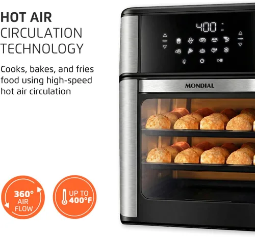 Vista 5 de Horno freidora de aire 1800W, capacidad de 12.7 cuartos de galón, panel de pantalla táctil, apagado automático - negro y acero inoxidable - Mondial