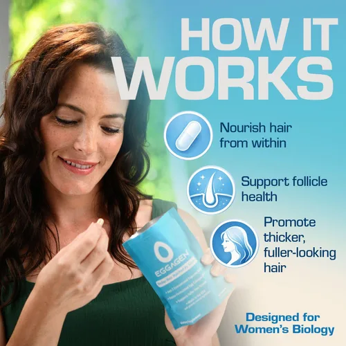 Vista 4 de Eggagen - Suplemento avanzado para el crecimiento del cabello diseñado para la biología de las mujeres, soporta cabello más completo, más grueso