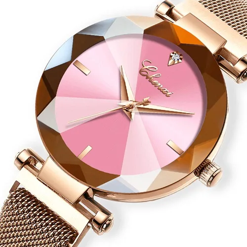 Vista 2 de BESTKANG Reloj analógico de cuarzo para mujer, esfera 3D, correa de malla rosa, reloj de pulsera para niñas y mujeres