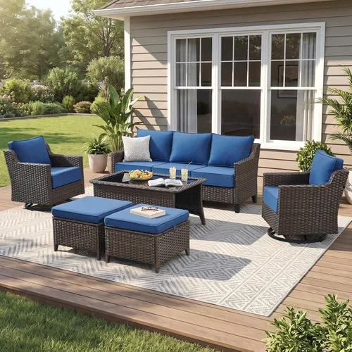 Vista 30 de Belord Sofá de patio exterior acolchado de 3 asientos de lujo de 6 pulgadas Cojín de mimbre marrón/beige de 6 pulgadas