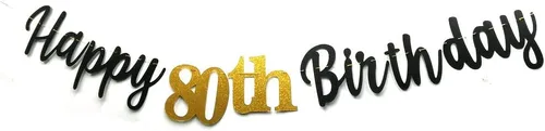 Vista 6 de Cartel de papel con purpurina de doble tamaño, color negro, con texto en inglés «Happy 80th Birthday», «No DIY Gold Glitter» para fiesta