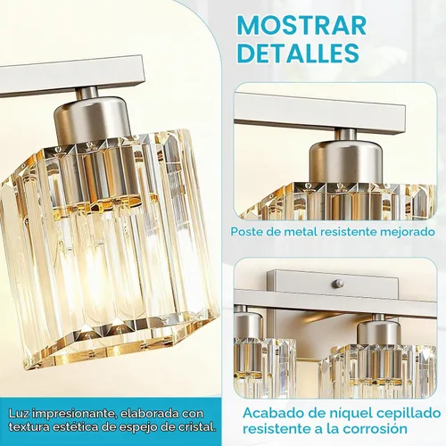 Vista 2 de GOLSPARK Crystal Bathroom Vanity Light, Brushed Nickel, 3 Light, Square
