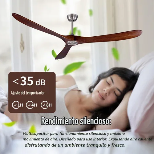 Vista 4 de Ventilador de techo de madera para interior/exterior de 70 pulgadas, con 3 aspas, control remoto, 2 varillas, motor DC reversible de 35W, ahorro