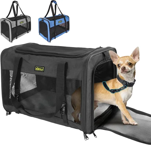 Vista 9 de Transportador para gatos y perros pequeños aprobado por aerolíneas de 17"x11"x9.5"– De lados suaves, bolsa de viaje plegable debajo del asiento