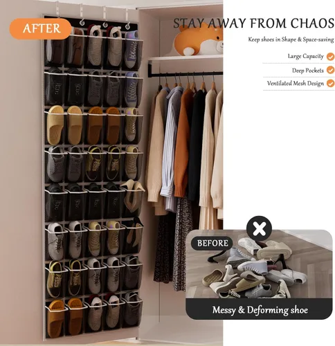 Vista 7 de homyfort Organizador de zapatos sobre la puerta, 40 bolsillos grandes de malla transpirable, estante colgante para zapatos que ahorra espacio