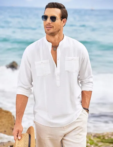 Vista 2 de COOFANDY Camiseta de lino Henley de manga larga para hombre, estilo hippie, de algodón, playeras