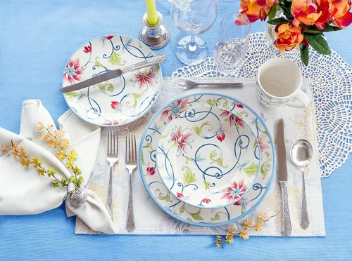 Vista 3 de Tudor Royal - Juego de vajilla redonda de porcelana de 12 piezas, servicio para 4, diseño botánico, flores de verano, platos, cuencos, brillante