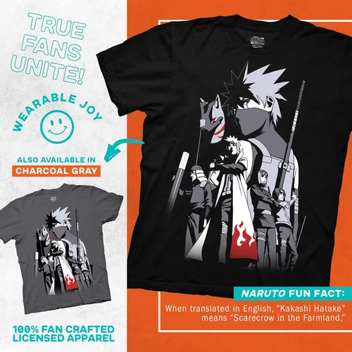 Vista 3 de Ripple Junction Naruto Shippuden - Camiseta de manga corta para hombre, Kakashi Hatake Story Anbu Hokage Cloak Crew con licencia oficial, Negro