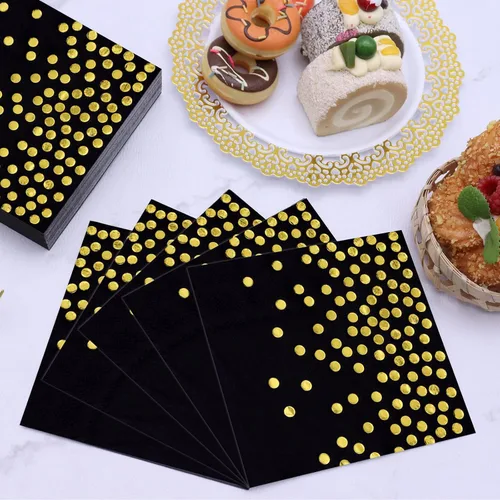 Vista 9 de 100 servilletas de cóctel desechables negras – Servilletas de papel negro y dorado para cumpleaños, boda, aniversario, Año Nuevo, fiesta