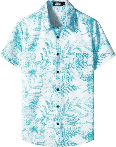 Vista 20 de JOGAL - Camisa hawaiana floral para hombre con bolsillo frontal, estilo Aloha casual Verde Aqua