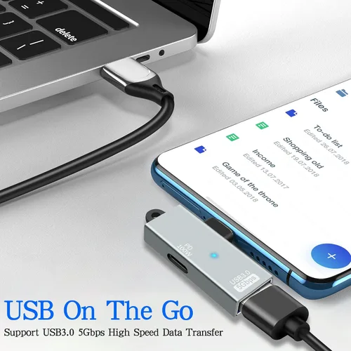 Vista 5 de MEIRIYFA Adaptador OTG USB-C a USB 3.0 2 en 1, USB C de ángulo recto macho a USB 3.0 hembra convertidor de 5Gbps con puerto de carga PD de 100 W