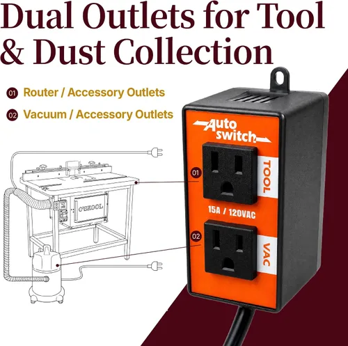 Vista 2 de O'SKOOL - Interruptor de vacío automático, retardo de la aspiradora para limpieza de mangueras Plug-and-Go Dust Collection Control for Table Saws