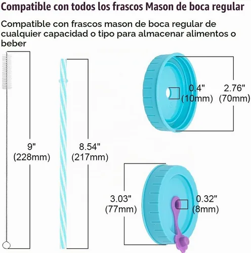Vista 2 de REGULAR - Tapas de tarro de boca para bola, kerr, etc. con agujero para pajita, popotes, tapones de silicona, anillos, cepillo de limpieza, sin BPA