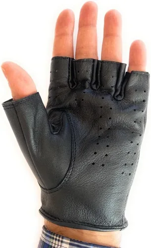 Vista 4 de Guantes sin dedos de cuero genuino de oveja para hombre, para conducir, ciclismo, motocicleta, ejercicio y fitness, sin dedos (XL, negro)