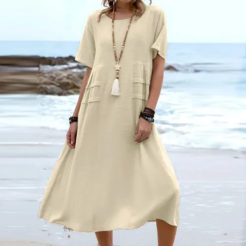Vista 2 de XUNRYAN Vestidos de lino 2023 para mujer, vestido midi holgado casual de verano por debajo de la rodilla, holgado, holgado, cómodo, vestido de playa