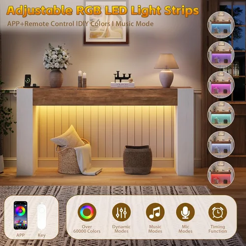 Vista 4 de 63-Inch Farmhouse Console Sofa Table with Power Outlets & LED Lights