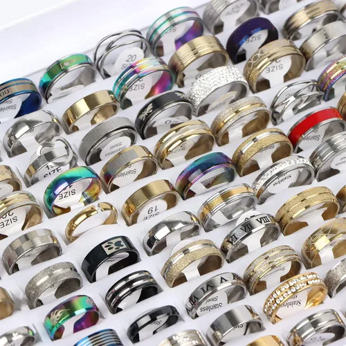 Vista 4 de 50PcsLot Fashion Stainless Steel Heart Rhinestone Band Rings For Women Men Mix Style Party Jewelry Wholesale