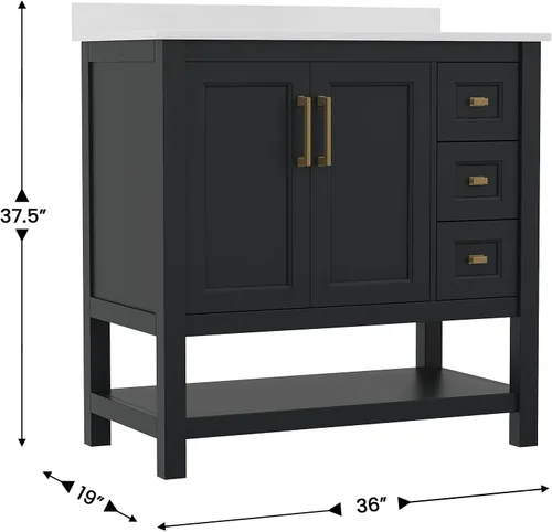 Vista 3 de Flash Furniture Vega - Tocador de baño con lavabo de 36 pulgadas, armario de almacenamiento con puertas de cierre suave, estante abierto y 3