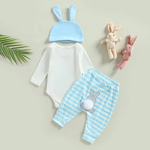 Vista 3 de My First Easter Outfits - Conjunto de 3 piezas para bebés y niñas de manga largacorta con estampado de conejo, conjunto de tops y pantalones
