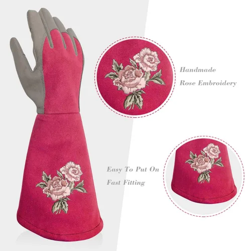 Vista 3 de Rose Pruning Gloves with Forearm Protection, Thorn Resistant Embroidery Design with Extra Long Cuff for Gardening and Pruning Tasks Rosa rojo