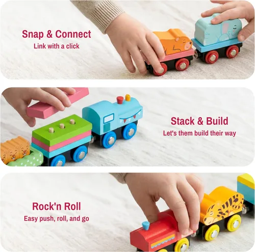 Vista 4 de Montessori - Juego de juguetes de tren de madera para niños, 12 vagones magnéticos de tren con caja de regalo de almacenamiento, juguete educativo