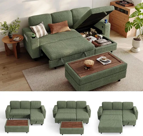Vista 42 de LINSY HOME Sofá cama seccional con sofá cama extraíble para sala de estar (azul) Plush Corduroy
