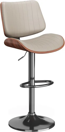 Vista 22 de Juego de 1 taburetes de bar giratorios de madera curvada ajustables para encimera de cocina, moderna silla de bar tapizada de piel sintética