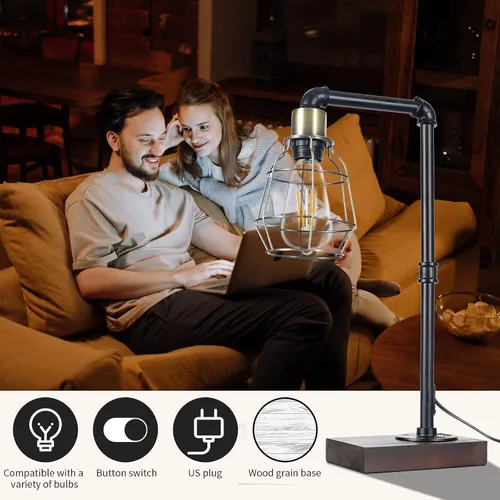Vista 6 de CONCA Lámpara de mesa Steampunk, base E26, iluminación rústica Edison, lámpara de mesa con pantalla enjaulada (A-Negro+Bronce)
