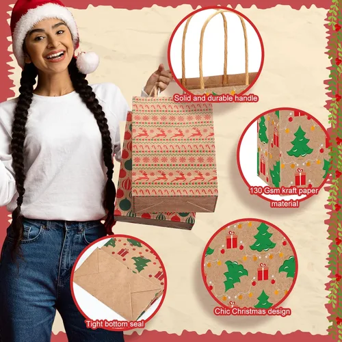 Vista 5 de Fulmoon Juego de 48 bolsas de regalo de papel kraft de Navidad a granel, bolsas de regalo de papel surtido con asa, vacaciones para regalos