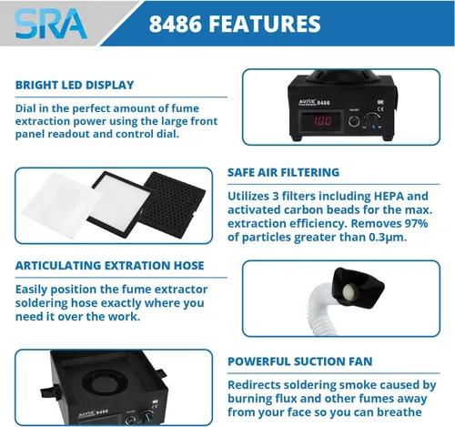 Vista 2 de AOYUE Extractor de humos de soldadura para eliminación de humo de soldadura de sobremesa con potente succión de aire, filtro de carbón activado