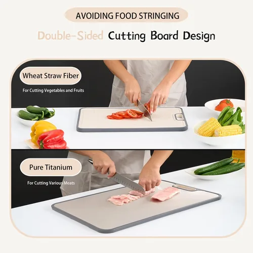 Vista 4 de Tablas de cortar de titanio para cocina de doble cara, tabla de cortar de doble cara de grado alimenticio, titanio puro y paja de trigo, apta