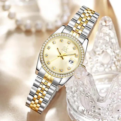 Vista 3 de SHENGKE Reloj elegante con cristales acentuados con correa de acero de aleación sólida para mujer