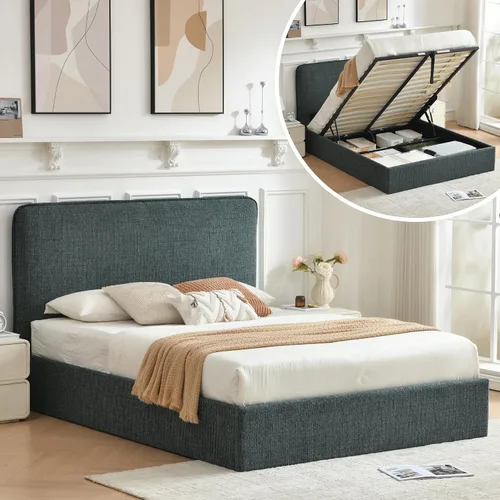 Vista 12 de Marco de cama de almacenamiento Queen con cabecero curvado, color crema Linen Upholstered Bed Frame, Hydraulic & Sturdy Wooden Slat Support, No