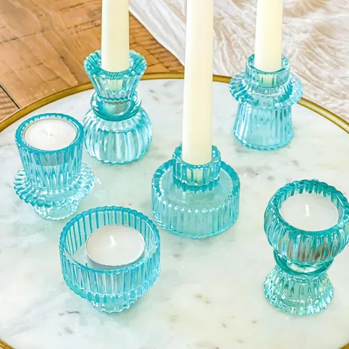 Vista 10 de Kate Aspen Portavelas de vidrio negro con nervaduras vintage, candelabro de pilar, portavelas para té y votivo (juego de 6, 3 tamaños surtidos)