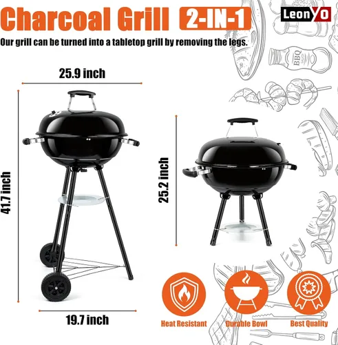 Vista 3 de Leonyo - Parrilla de carbón portátil de 18 pulgadas, ahumador redondo con ruedas y tapa esmaltada de porcelana para cocinar al aire libre