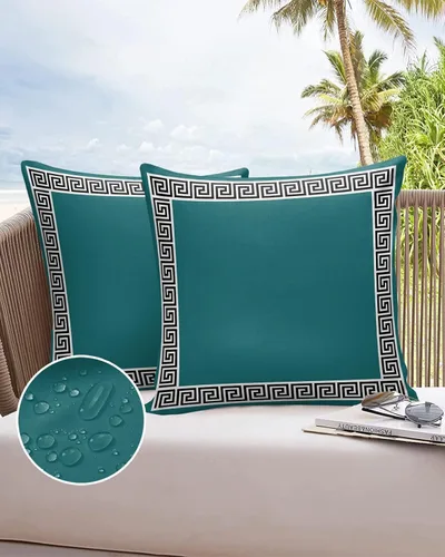Vista 8 de Fundas de almohada modernas geométricas impermeables para exteriores, diseño abstracto de clave griega, color negro, blanco, fundas de cojín Beige